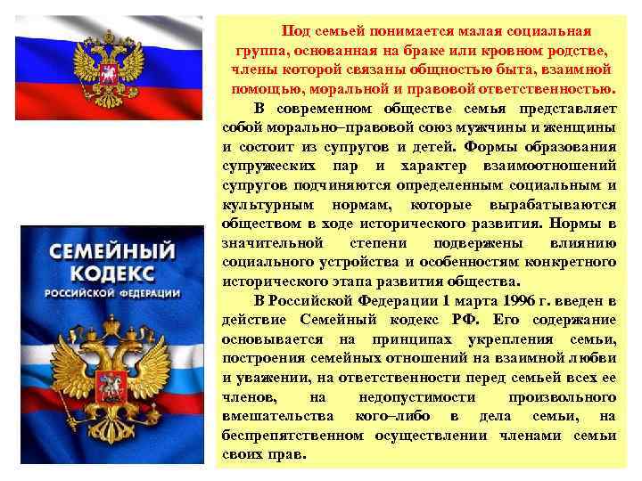 Под семьей понимается малая социальная группа, основанная на браке или кровном родстве, члены которой
