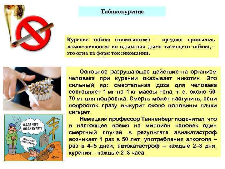 Табакокурение Курение табака (никотинизм) – вредная привычка, заключающаяся во вдыхании дыма тлеющего табака, –