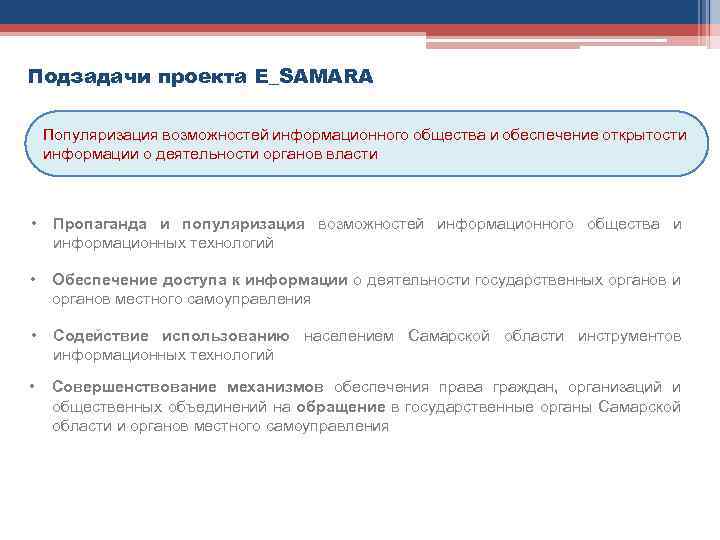 Подзадачи проекта E_SAMARA Популяризация возможностей информационного общества и обеспечение открытости информации о деятельности органов