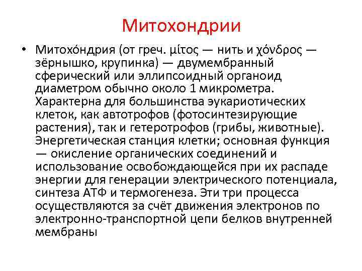 Митохондрии • Митохо ндрия (от греч. μίτος — нить и χόνδρος — зёрнышко, крупинка)