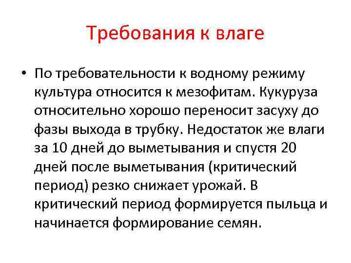 Требования к влаге • По требовательности к водному режиму культура относится к мезофитам. Кукуруза