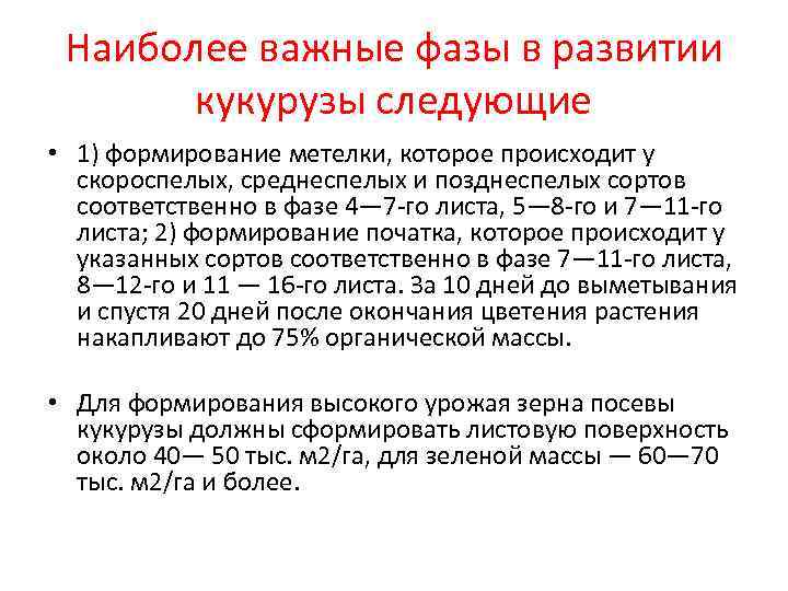 Наиболее важные фазы в развитии кукурузы следующие • 1) формирование метелки, которое происходит у