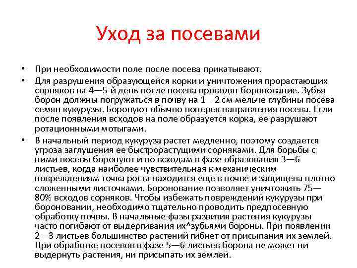Уход за посевами • При необходимости поле посева прикатывают. • Для разрушения образующейся корки