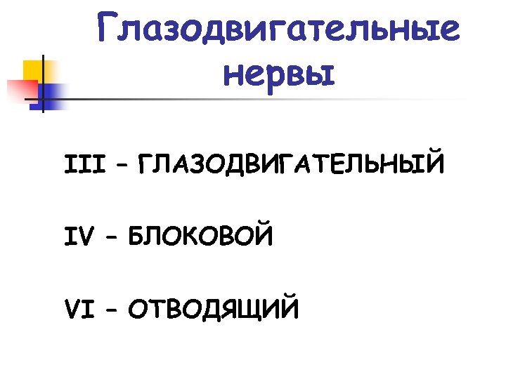 Глазодвигательные нервы III – ГЛАЗОДВИГАТЕЛЬНЫЙ IV – БЛОКОВОЙ VI – ОТВОДЯЩИЙ 