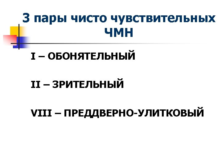 3 пары чисто чувствительных ЧМН I – ОБОНЯТЕЛЬНЫЙ II – ЗРИТЕЛЬНЫЙ VIII – ПРЕДДВЕРНО-УЛИТКОВЫЙ