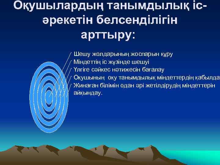 Оқушылардың танымдылық ісәрекетін белсенділігін арттыру: Шешу жолдарының жоспарын құру Міндеттің іс жүзінде шешуі Үлгіге