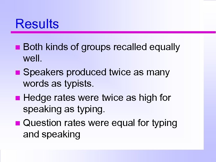 Results Both kinds of groups recalled equally well. Speakers produced twice as many words