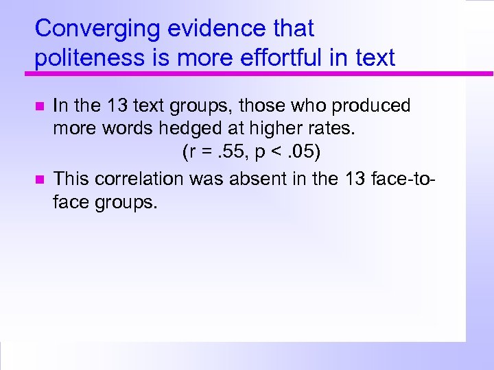 Converging evidence that politeness is more effortful in text In the 13 text groups,