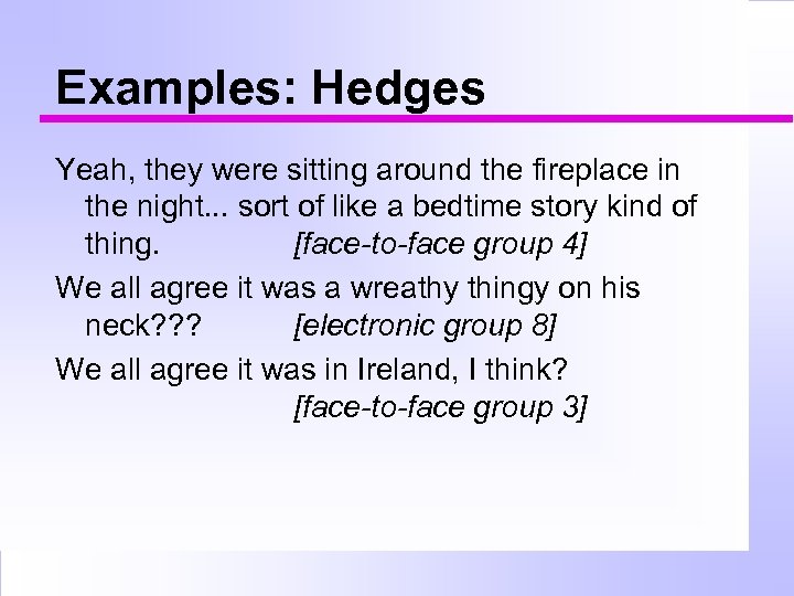 Examples: Hedges Yeah, they were sitting around the fireplace in the night. . .