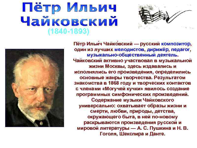 (1840 1893) Пётр Ильи ч Чайко вский — русский композитор, один из лучших мелодистов,
