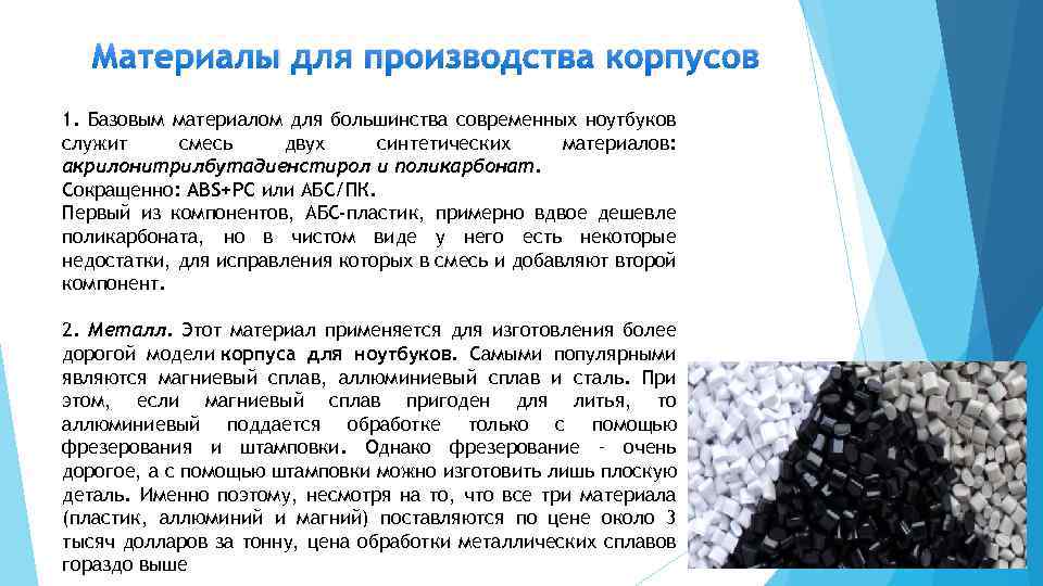 Материалы для производства корпусов 1. Базовым материалом для большинства современных ноутбуков служит смесь двух