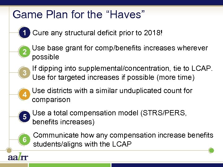 Game Plan for the “Haves” 1 Cure any structural deficit prior to 2018! 2