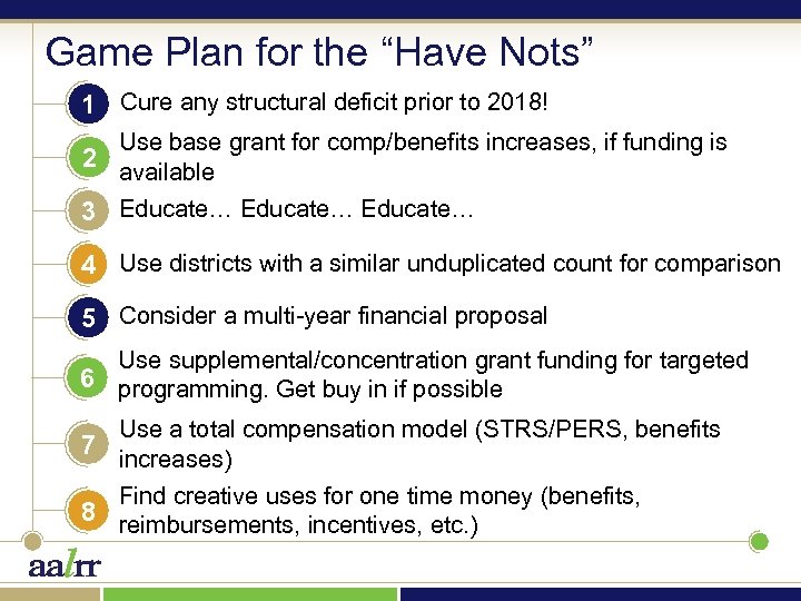 Game Plan for the “Have Nots” 1 Cure any structural deficit prior to 2018!