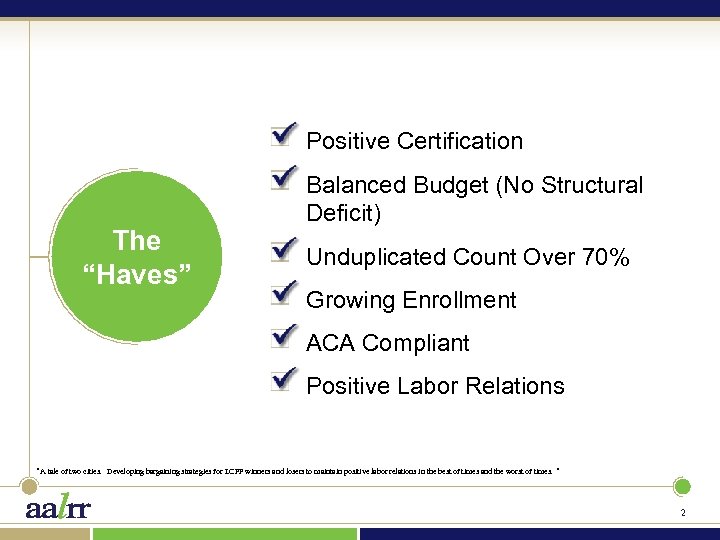 Positive Certification The “Haves” Balanced Budget (No Structural Deficit) Unduplicated Count Over 70% Growing