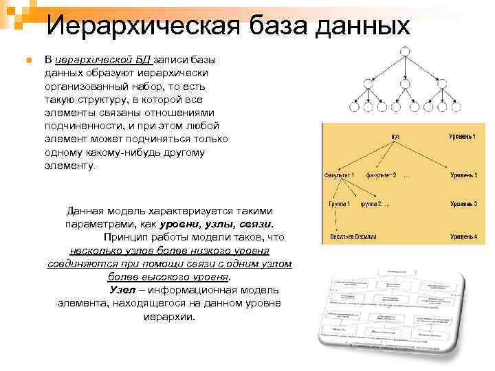 Иерархическая база данных n В иерархической БД записи базы данных образуют иерархически организованный набор,