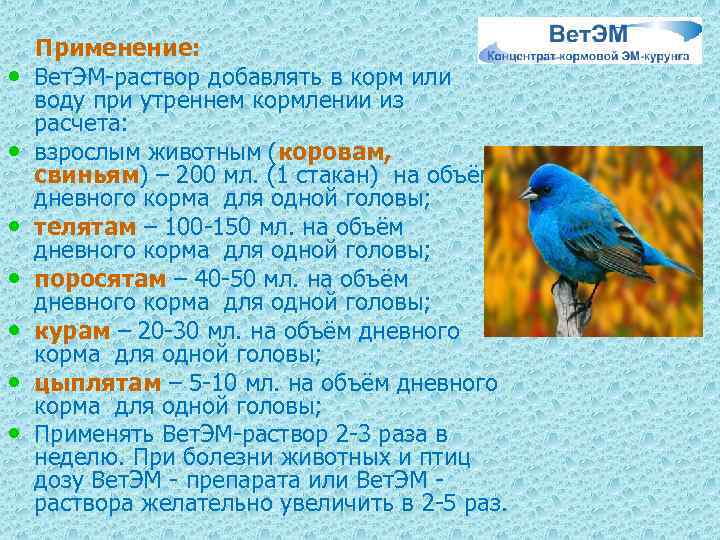  • • Применение: Вет. ЭМ-раствор добавлять в корм или воду при утреннем кормлении