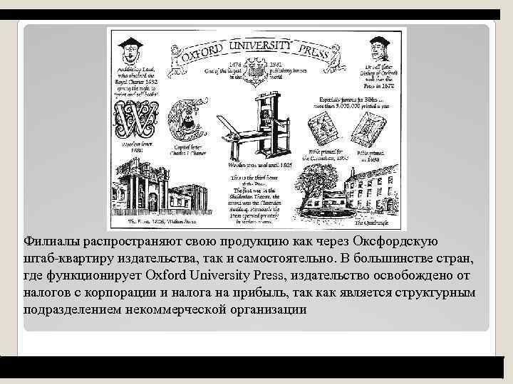 Филиалы распространяют свою продукцию как через Оксфордскую штаб-квартиру издательства, так и самостоятельно. В большинстве