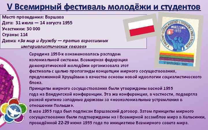 V Всемирный фестиваль молодёжи и студентов Место проведения: Варшава Дата: 31 июля — 14