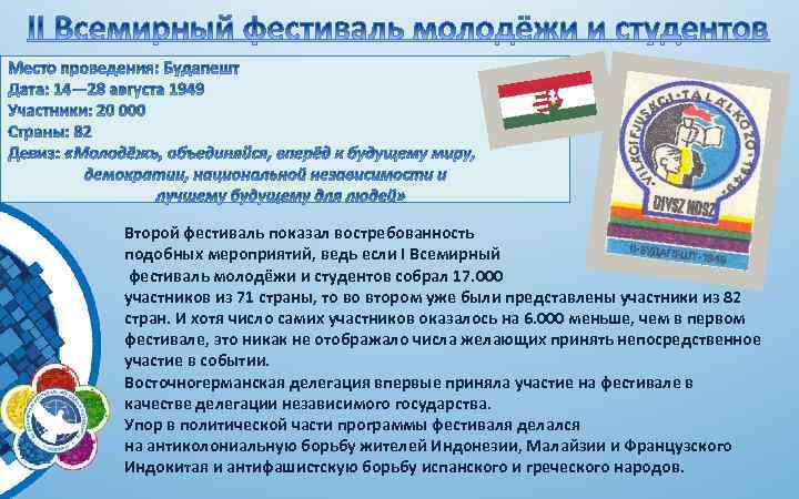 Второй фестиваль показал востребованность подобных мероприятий, ведь если I Всемирный фестиваль молодёжи и студентов