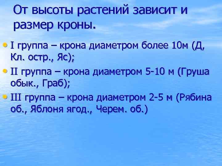 От высоты растений зависит и размер кроны. • I группа – крона диаметром более