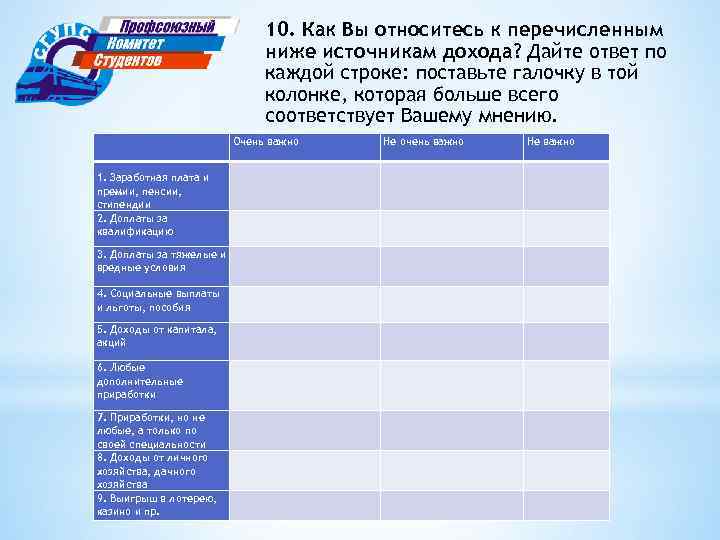 10. Как Вы относитесь к перечисленным ниже источникам дохода? Дайте ответ по каждой строке: