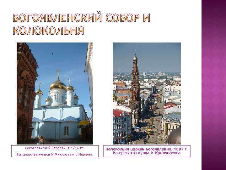 Богоявленский Собор1731 -1756 гг. На средства купцов И. Михляева и С. Чернова Колокольня церкви