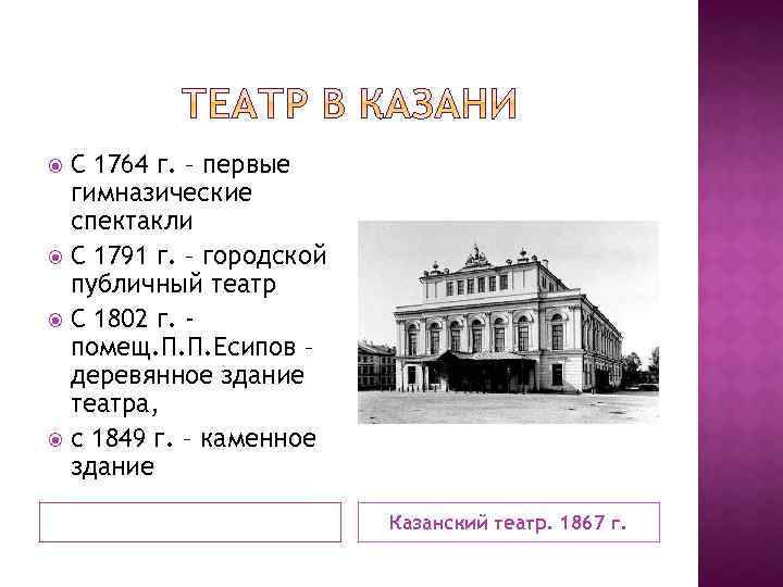 С 1764 г. – первые гимназические спектакли С 1791 г. – городской публичный театр