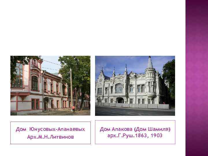 Дом Юнусовых-Апанаевых Арх. М. Н. Литвинов Дом Апакова (Дом Шамиля) арх. Г. Руш. 1863,