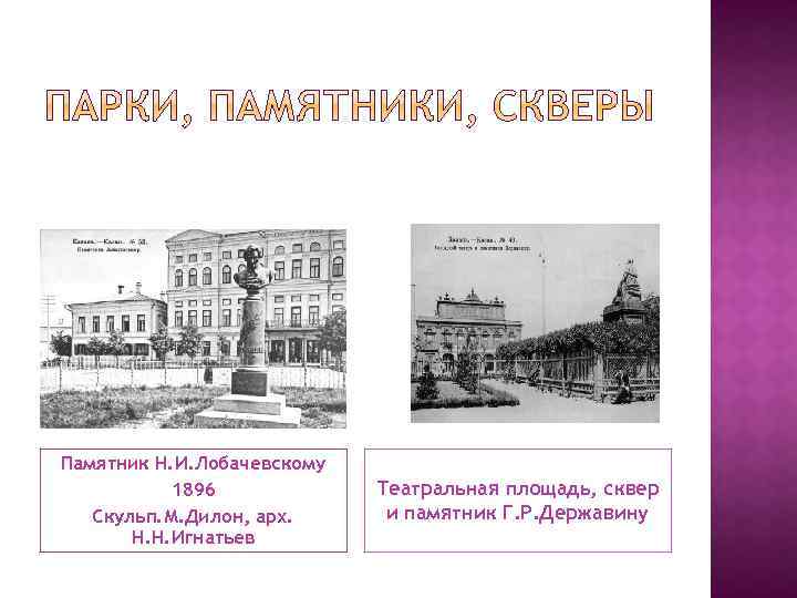 Памятник Н. И. Лобачевскому 1896 Скульп. М. Дилон, арх. Н. Н. Игнатьев Театральная площадь,