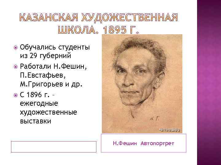 Обучались студенты из 29 губерний Работали Н. Фешин, П. Евстафьев, М. Григорьев и др.