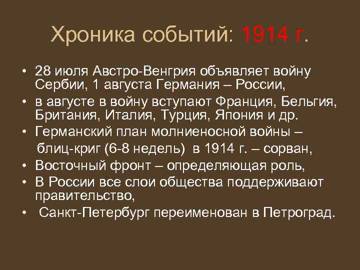 Хроника событий: 1914 г. • 28 июля Австро-Венгрия объявляет войну Сербии, 1 августа Германия