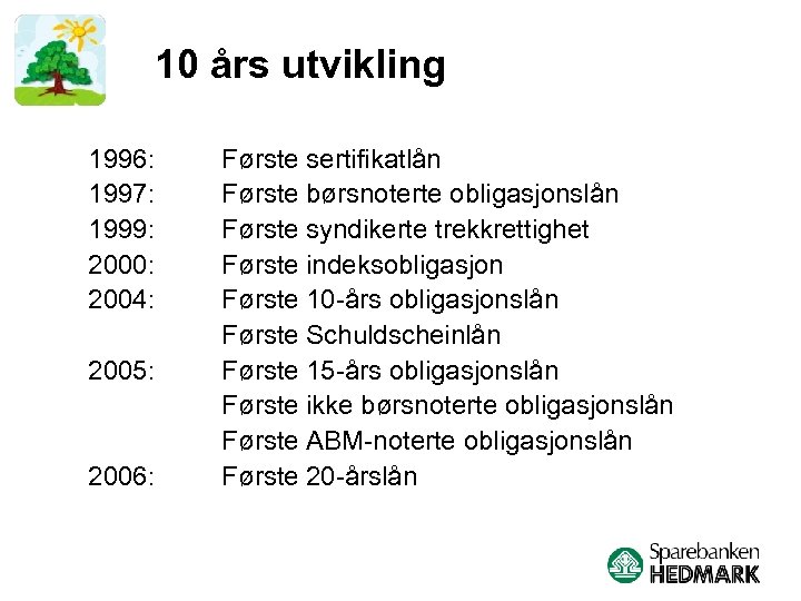 10 års utvikling 1996: 1997: 1999: 2000: 2004: 2005: 2006: Første sertifikatlån Første børsnoterte