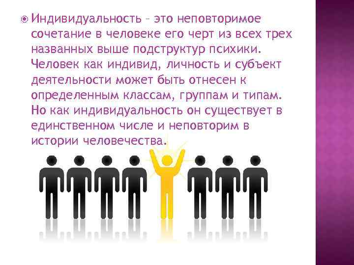 Индивидуальность – это неповторимое сочетание в человеке его черт из всех трех названных