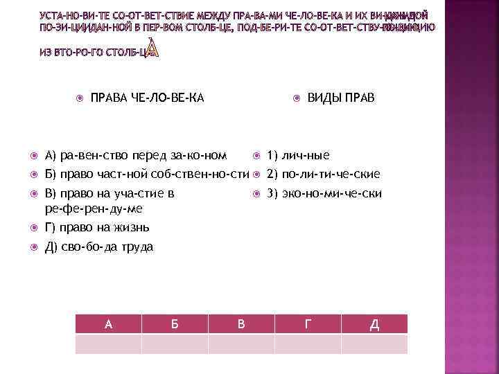 ПРАВА ЧЕ ЛО ВЕ КА ВИДЫ ПРАВ А) ра вен ство перед за