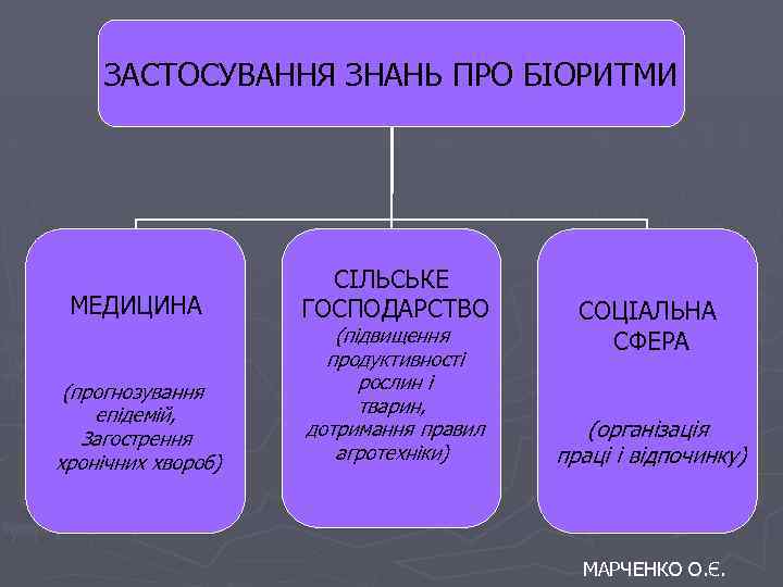 ЗАСТОСУВАННЯ ЗНАНЬ ПРО БІОРИТМИ МЕДИЦИНА (прогнозування епідемій, Загострення хронічних хвороб) СІЛЬСЬКЕ ГОСПОДАРСТВО (підвищення продуктивності