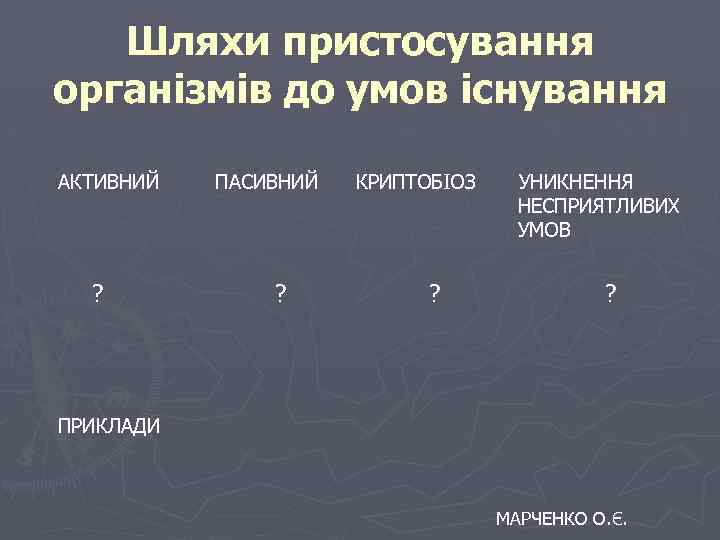 Шляхи пристосування організмів до умов існування АКТИВНИЙ ? ПАСИВНИЙ ? КРИПТОБІОЗ ? УНИКНЕННЯ НЕСПРИЯТЛИВИХ