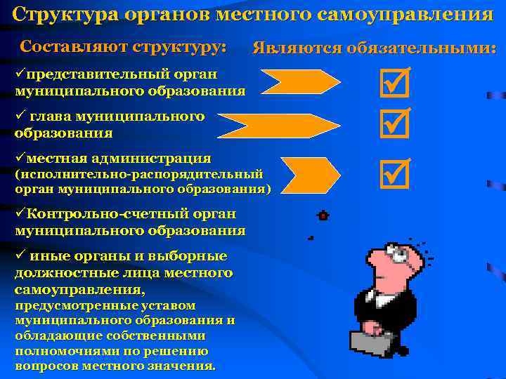 Структура органов местного самоуправления Составляют структуру: Являются обязательными: üпредставительный орган муниципального образования ü глава