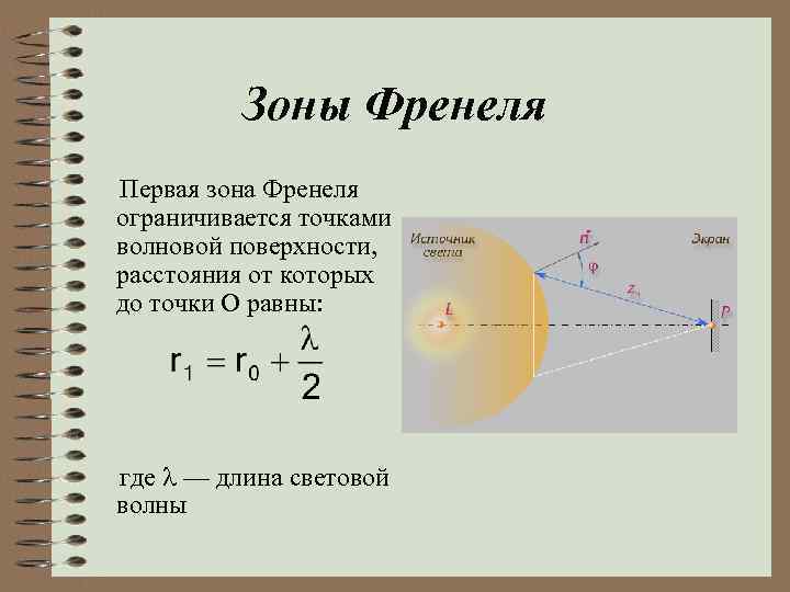 Зоны Френеля Первая зона Френеля ограничивается точками волновой поверхности, расстояния от которых до точки