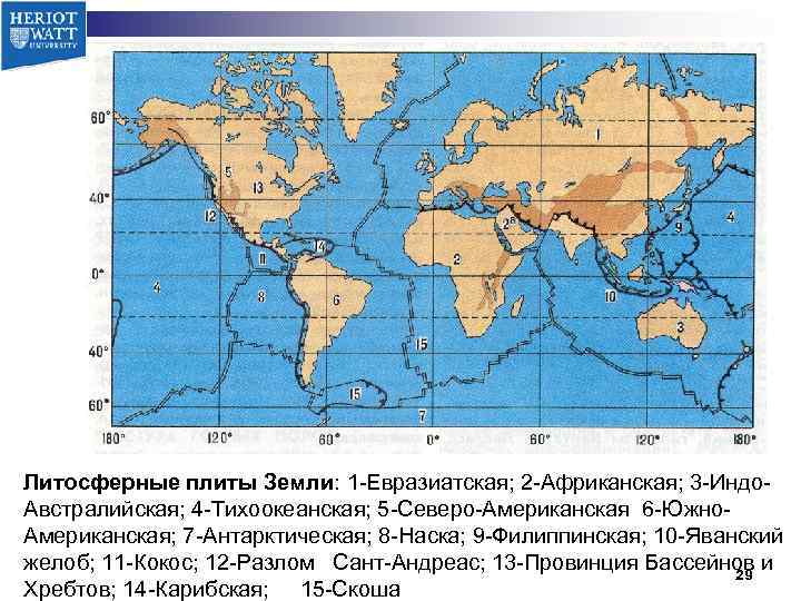 Литосферные плиты Земли: 1 -Евразиатская; 2 -Африканская; 3 -Индо. Австралийская; 4 -Тихоокеанская; 5 -Северо-Американская
