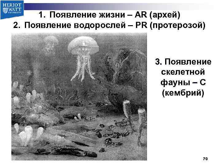 1. Появление жизни – AR (архей) 2. Появление водорослей – PR (протерозой) 3. Появление
