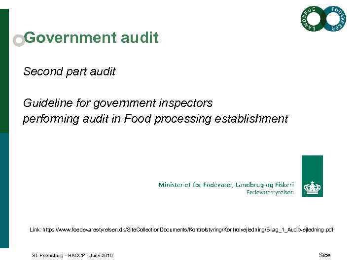 Government audit Second part audit Guideline for government inspectors performing audit in Food processing