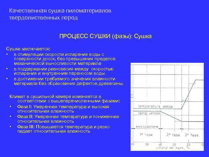 Качественная сушка пиломатериалов твердолиственных пород ПРОЦЕСС СУШКИ (фазы): Сушка заключается: • в стимуляции скорости