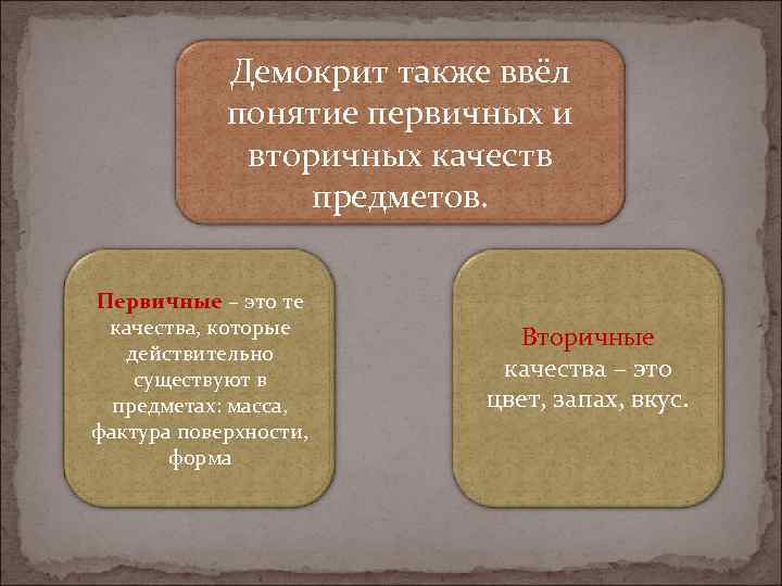 Демокрит также ввёл понятие первичных и вторичных качеств предметов. Первичные – это те качества,