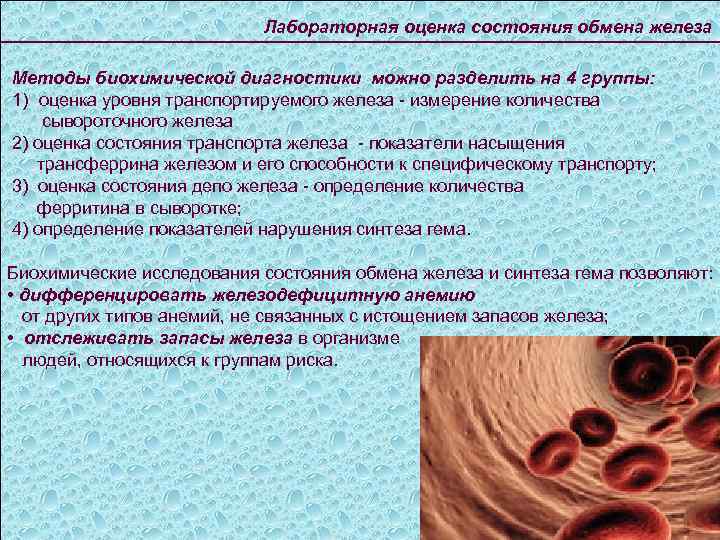 Лабораторная оценка состояния обмена железа Методы биохимической диагностики можно разделить на 4 группы: 1)