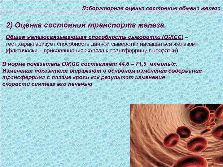 Лабораторная оценка состояния обмена железа 2) Оценка состояния транспорта железа. Общая железосвязывающая способность сыворотки