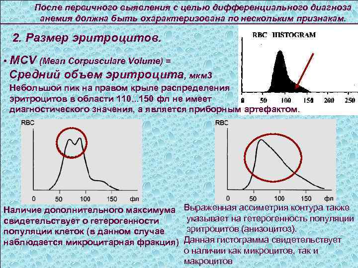 После первичного выявления с целью дифференциального диагноза анемия должна быть охарактеризована по нескольким признакам.