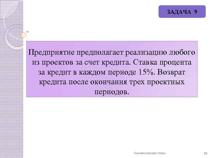 ЗАДАЧА 9 Предприятие предполагает реализацию любого из проектов за счет кредита. Ставка процента за