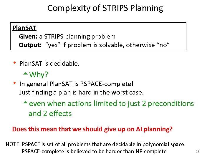 Complexity of STRIPS Planning Plan. SAT Given: a STRIPS planning problem Output: “yes” if