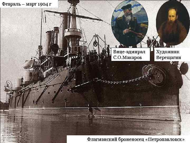 Февраль – март 1904 г Вице-адмирал С. О. Макаров Художник Верещагин Флагманский броненосец «Петропавловск»