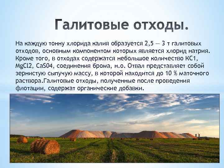 На каждую тонну хлорида калия образуется 2, 5 — 3 т галитовых отходов, основным